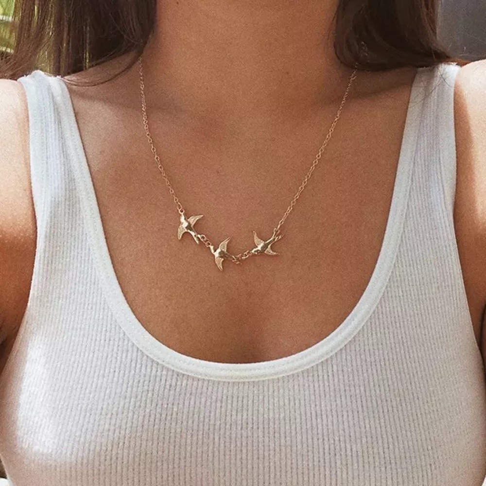 "3 Little Birds" Sparrow Gold Dainty Pretty Bohemian Hippie Peace Gift Necklace - Picture 7 of 7